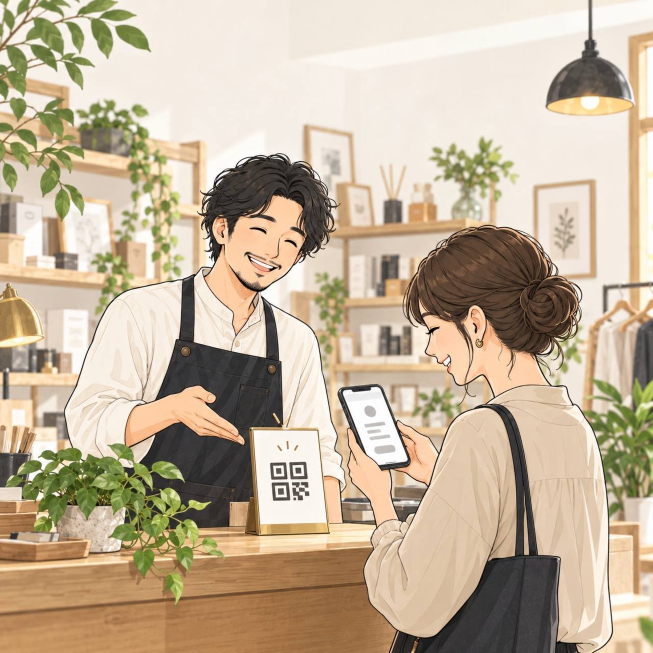 店主がお客様に口コミ案内用のQRを示すイラスト